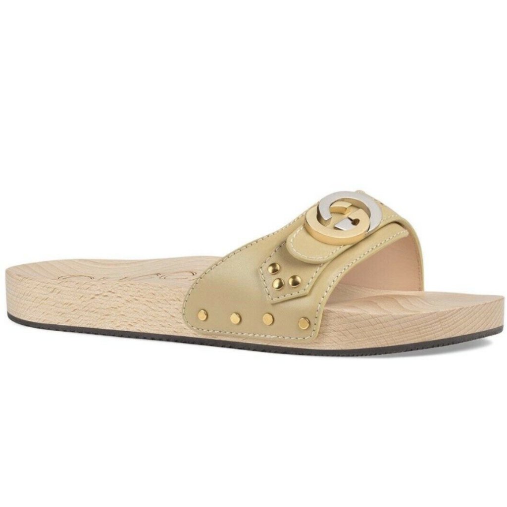 Sale!- Gucci Gg Lifford Wooden Slide Sandals In Beige New In Box